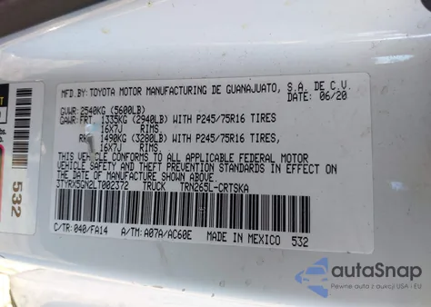 2020 Toyota Tacoma Sr из США, поврежденный, VIN 3TYRX5GN2LT002372